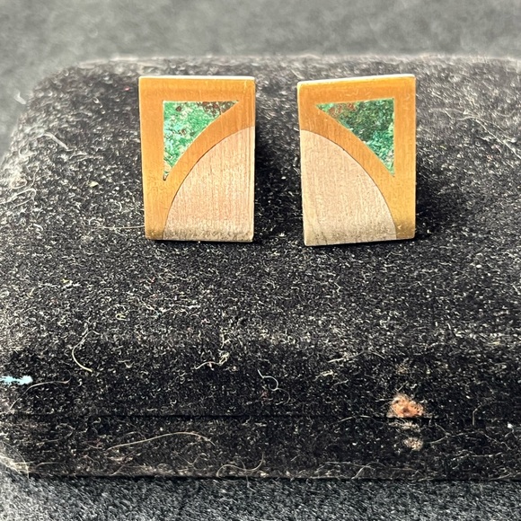 Vintage Modernist Maisabel Metals Cufflinks Silver 925 Mexico goldtone malachite - Picture 1 of 8